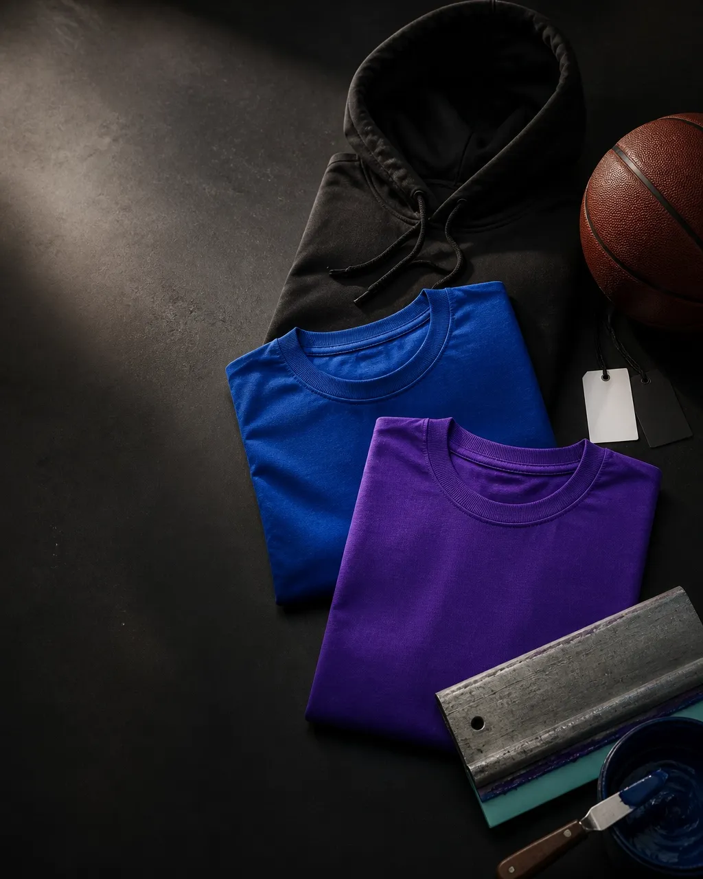 Folded custom apparel arranged with a basketball