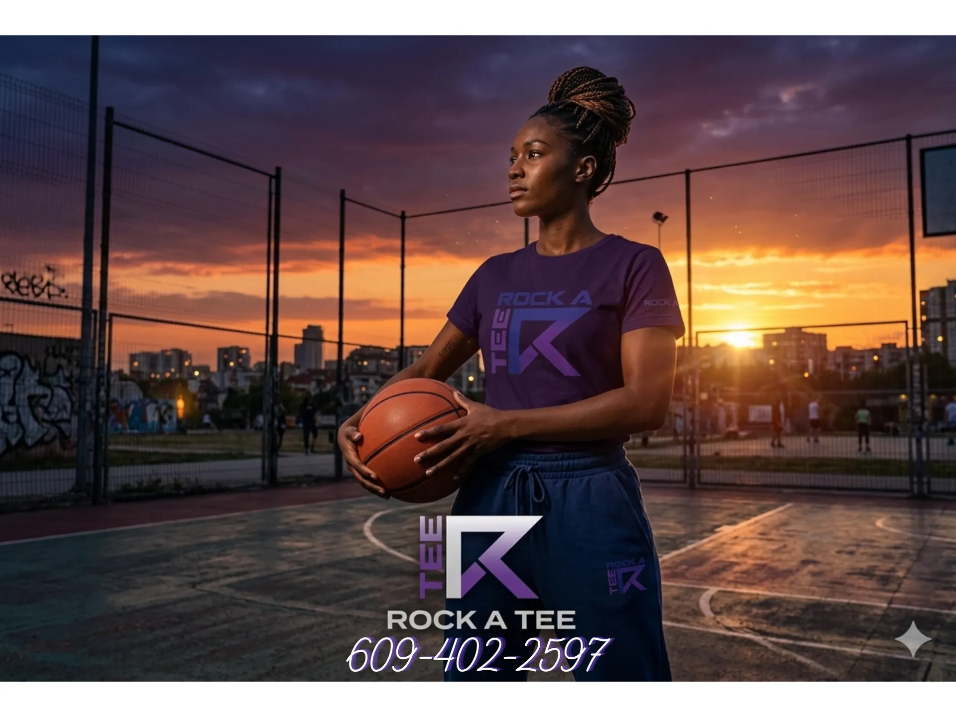 Basketball player holding a ball on an outdoor court at sunset
